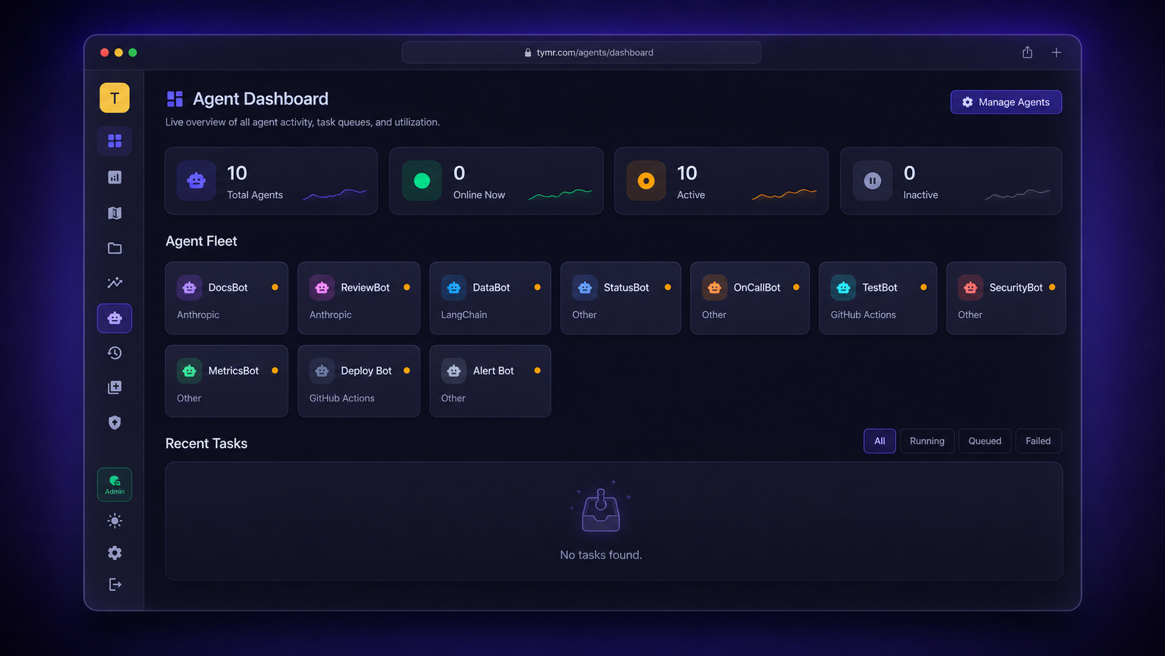 Tymr Agent floor &mdash; agent fleet capacity, cost, recent tasks